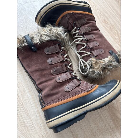 Sorel Joan of Arctic Waterproof Lace-Up Winter Boots Brown Black Faux Fur - 8.5 - Picture 2 of 7